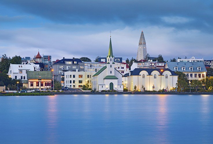 Village and church building over water