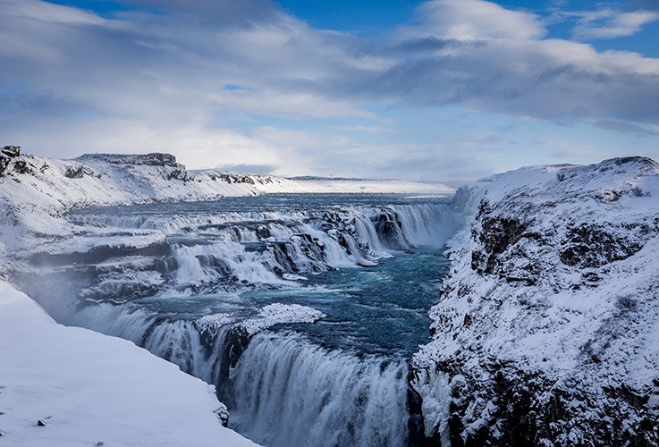 Frozen snowy waterfalls and rapids