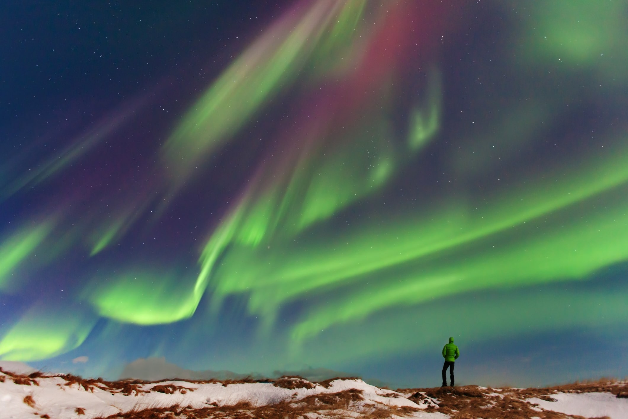 man admiring the northern lights in iceland