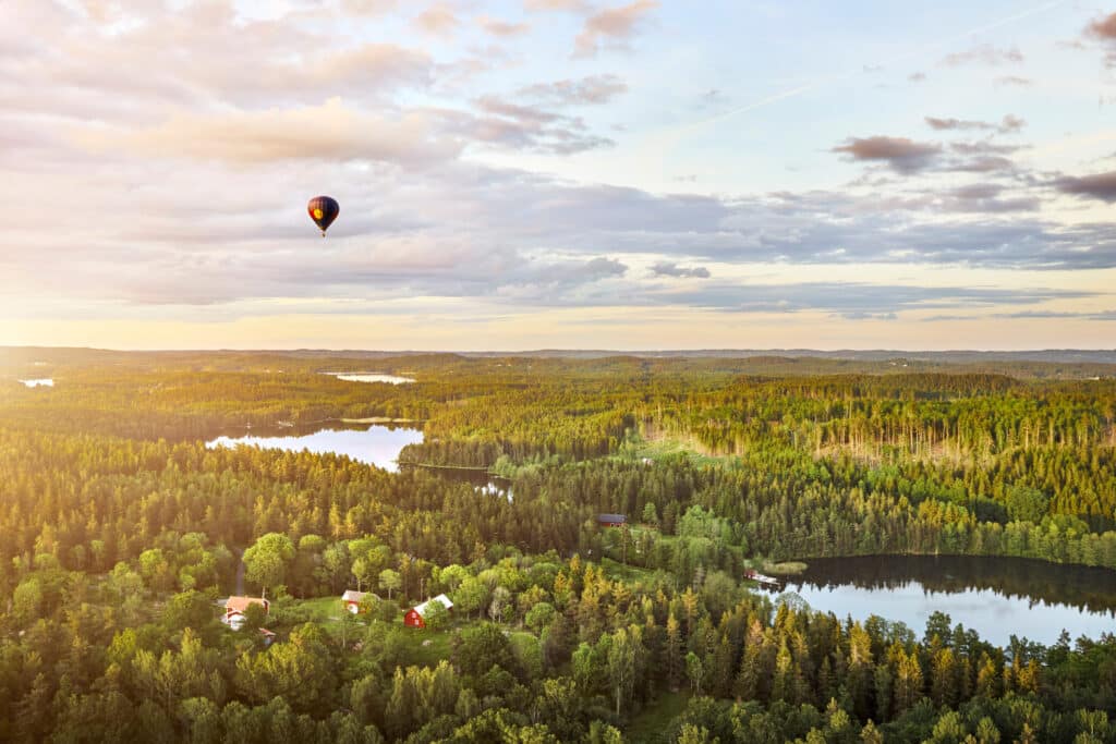 A hot air balloon ride over the lush forests of Småland.